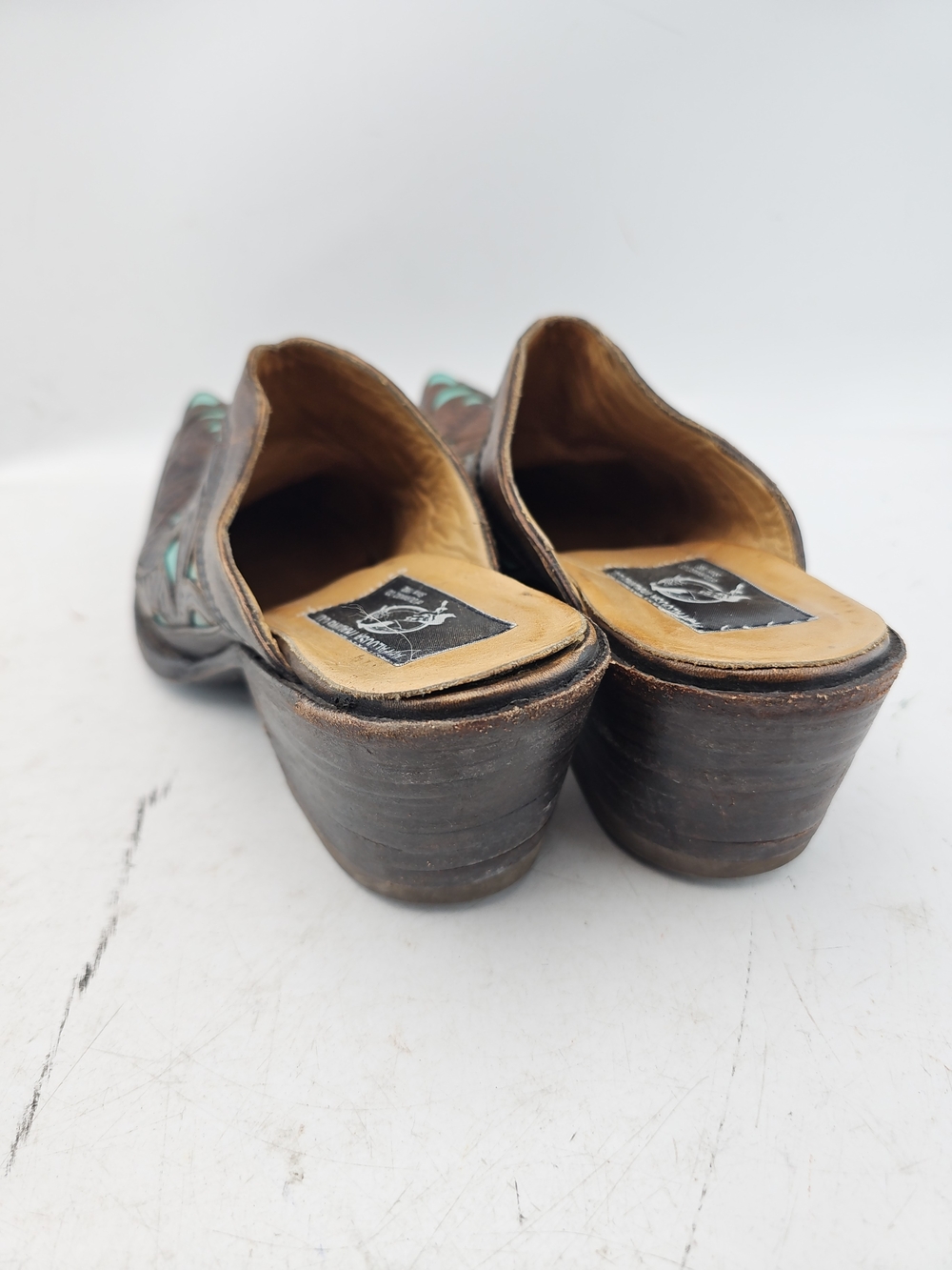Old Gringo Brown Leather Wedge Mules with Turquoise Insets - Picture 3 of 8
